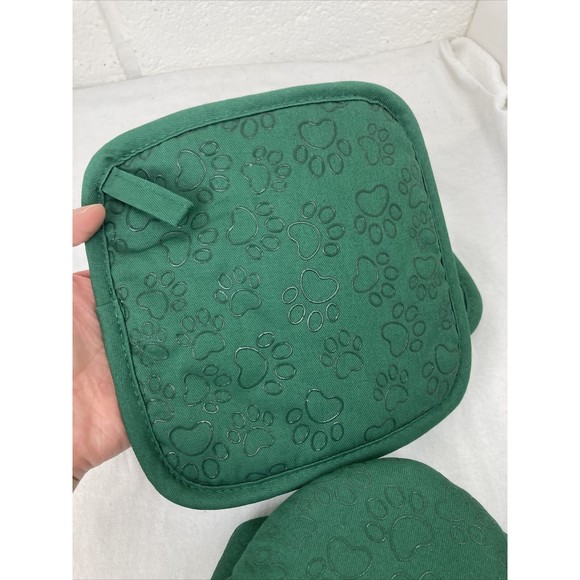 Green Cotton Silicone Paw print Cat Oven Mitts and Potholders Set Grill Glove - Picture 12 of 16